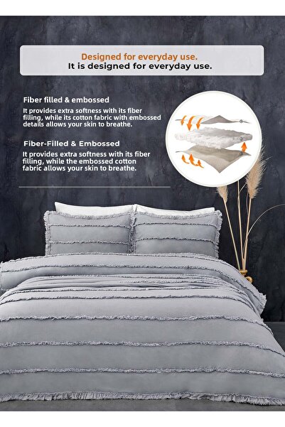 Evlen Home Collection Grey Cotton Echos Bedspread Set - Double (Sided) with 3 Pieces Filling