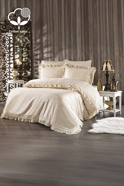 Nazik Home طقم غطاء لحاف مزدوج من الساتان القطني العضوي من Helen Lace