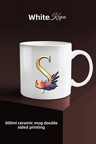 yhfoto كوب بتصميم نباتي ذهبي اللون مع مقبض حرف S - كوب أبيض - كوب أبيض