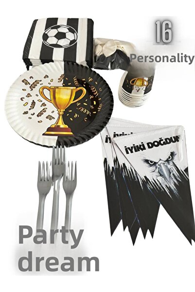 partyrüyası Черно-бял комплект за рожден ден за 16 души с мотив чаши и знаменца