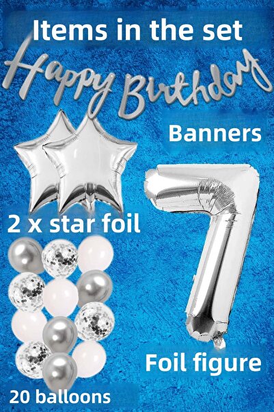Patladı Gitti White Silver Confetti Celebration Set for 7 Year Old Birthday - Balloon FiGure, Star Foil and Banner