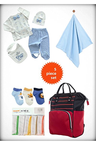 Avşar Baby 5-Piece Birth Set (Mother Baby Bag, Hospital Release Blanket, 10-Piece Wipes and 3-Piece Socks)