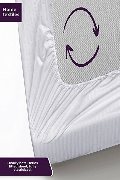 Tekstil Home Luxury Hotel Series White Striped Cotton Satin Elastic Fitted Bed Sheets for Single & Double