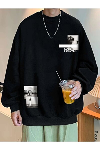 Yasolin Μαύρο φούτερ με στάμπα Love Forever, μεγάλου μεγέθους, με λαιμόκοψη π...