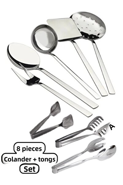 Bayev 8 Piece Steel Flat Colander + Tongs Set