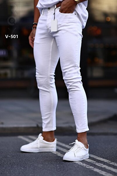 ROY501 Ανδρικό τζιν σε λευκό στενό πόδι ιταλικής κοπής Skinny Lycra τζιν Ανδρικό λευκό τζιν