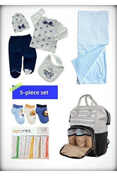 Avşar Baby 5-Piece Birth Set (Mother Baby Bag, Hospital Release Blanket, 10-Piece Wipes and 3-Piece Socks)