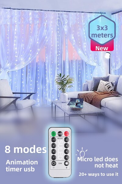 SULED Cortină LED albă 3x3 metri, cu telecomandă, 8 moduri, dimensiune reglab...