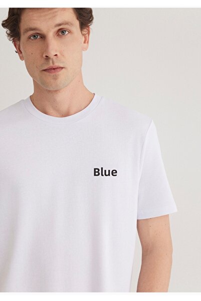 Mavi λευκό μπλουζάκι με τυπωμένο λογότυπο