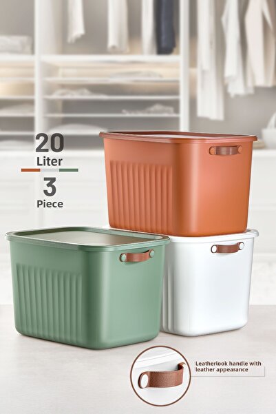 nouray MEGA BOY 20LT أبيض-طوب-أخضر 3 قطع صندوق منظم متعدد الأغراض مع غطاء، منظم