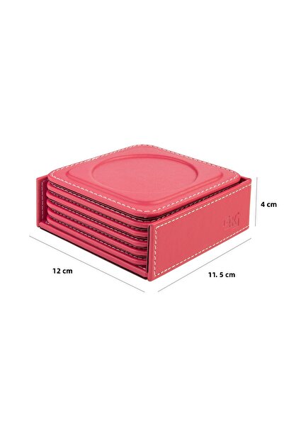 2K Coasters, Set of 6, Desktop Round Cup Coaster, Vegan Faux Leather, 11X11 Cm., Fuchsia