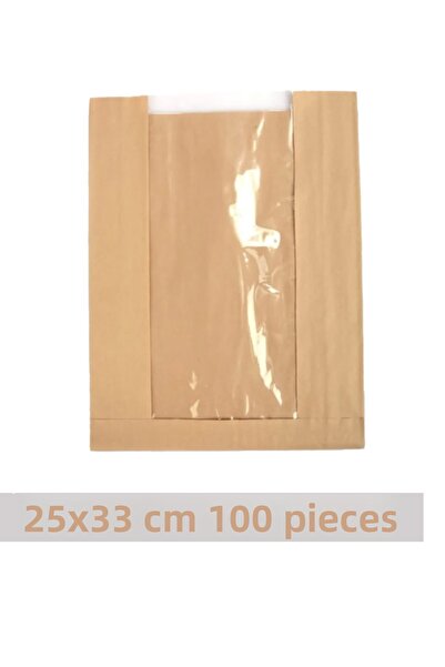 OLİ Art 25x33cm Kraft Paper Bag with Window - 100 Pieces, Side Gusset Packaging, Gift Package