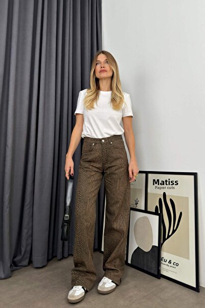 Sue Store Ψηλόμεσο μαύρο λεοπάρ ίσιο τζιν με στάμπα