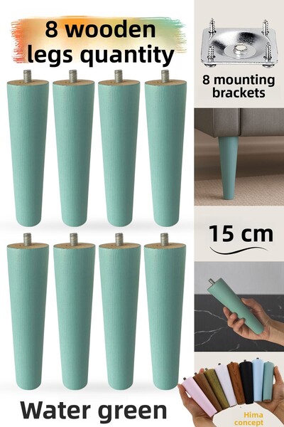 GLASWEN 8 bucăți picioare din lemn 15 cm verde apă cu șuruburi M8 și accesorii de conectare pentru mobilă, scaun, canapea, picior de susținere