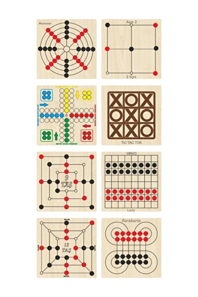 Ahtek Wooden Game Set 8 Pieces, Ludo+chamomile+3 Stones+9 Stones+12 Stones+bihar+surakarta+tic-tac-toe