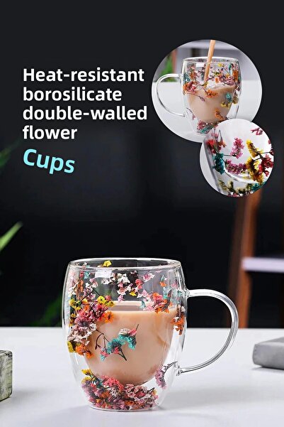 Rosemor Set of 4 Double Walled Flower Cups Coffee Tea Cup Flower Cup 350ml Handmade Glass Cup with Handle
