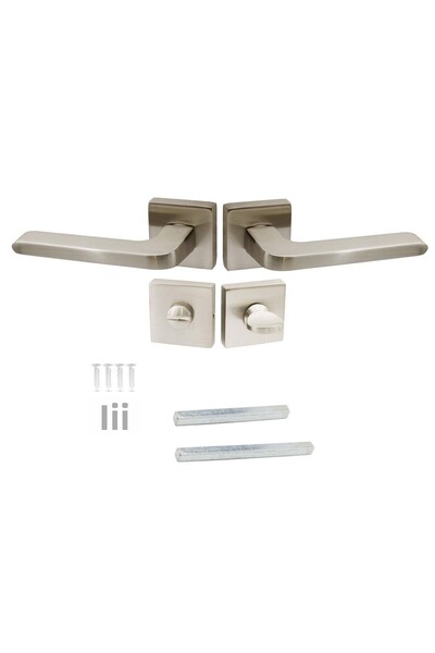 Badem10 Buton de ușă pentru baie WC cu insignă pătrată Paris pentru utilizare la dreapta sau la stânga satinată (1 set)