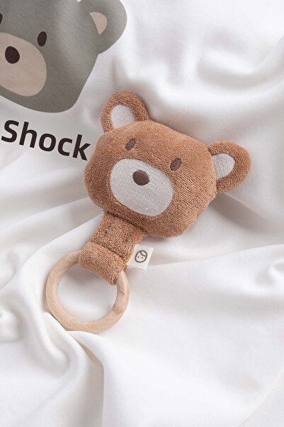 Little Gusto مقبض خشبي ومهدئ للأسنان ودمية دب خشخشة القهوة