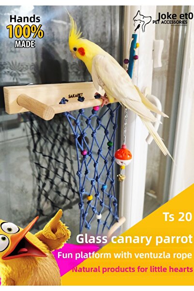 SAKAPET مسار لعب زجاجي للببغاء مع كوب شفط خشبي - حبل تسلق TS20