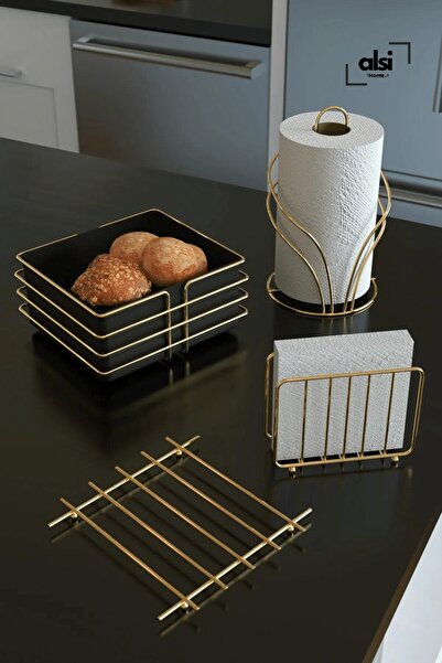 ALSİ HOME Bread Basket and Service Presentation Set Towel Holder Napkin Holder Trivet Bread Holder - Set of 4