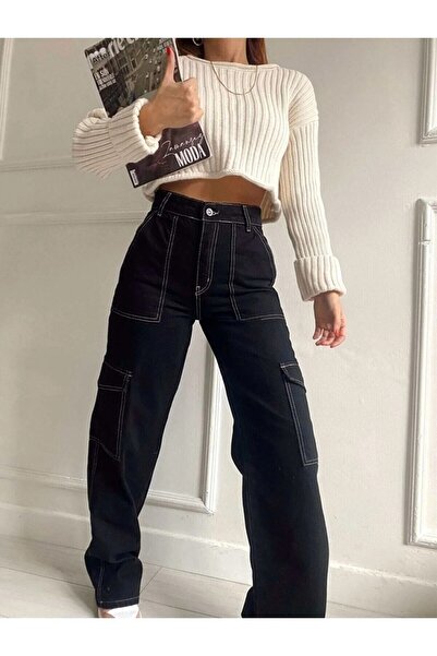 MAKRAS EXCLUSIVE White Stitched High Waist Wide Leg Wide Leg Cargo Pocket Jean Trousers