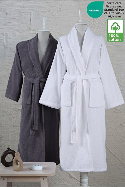 Ellaline Σετ μπουρνούζι 2 τεμαχίων 100% βαμβάκι πιστοποιημένο γυναικείο ανδρικό σετ γιακά οικογενειακό ανθρακί και λευκό