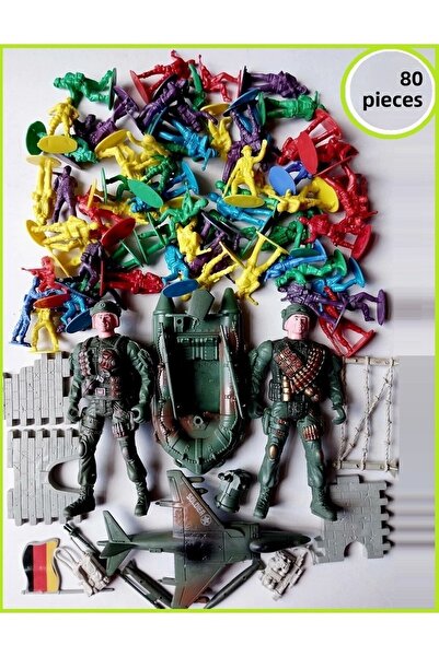 OYUNCAKSAHİLİ Soldier Strategy Game Set 80 Pieces 2 Packs Commando Airplane Canoe Fence Flag Walkie-talkie Toys