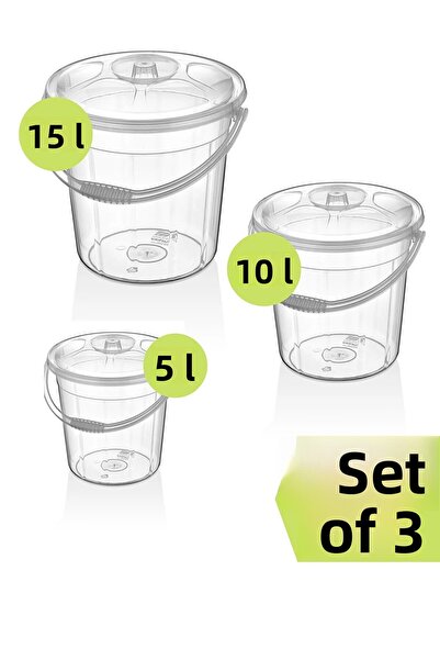 Bayev طقم دلو ماء شفاف مكون من 3 قطع - 15-10-5 لتر مع غطاء، صندوق تخزين لبقول...