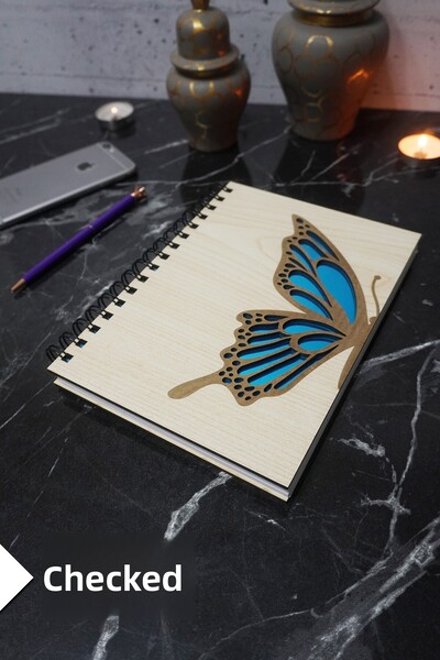 markcat دفتر ملاحظات بطابع الفراشة بغطاء خشبي - جدول أعمال مربعات وكتاب مدرسي (A5 - 120 صفحة)