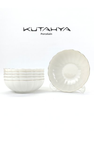 Kütahya Porselen 15 cm Porcelain Soup Bowl - Bone Luz Series, Gold Net, Set of 6