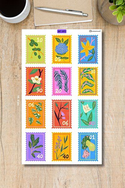 Burak Baskı Tasarım Vintage Colorful Stamps-3 Sticker Sheets - Planner, Bulle...