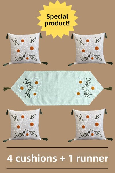 e-Bizz Store Set de eleganță din 5 piese cu broderie Punch – 4 perne și 1 run...