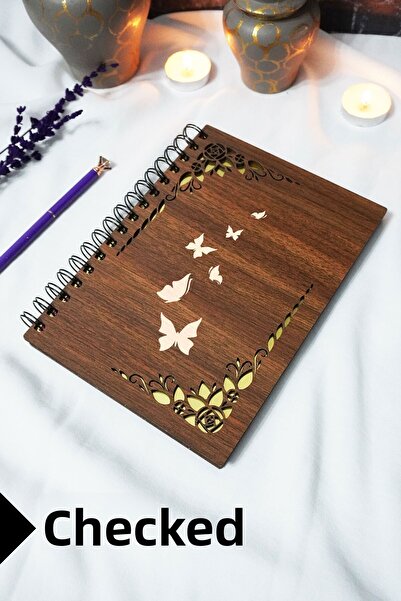 markcat Butterfly Wooden Cover Spiral School Notebook - Checkered Notebook - 60 Sheets (120 Pages) - A5 15X21 cm