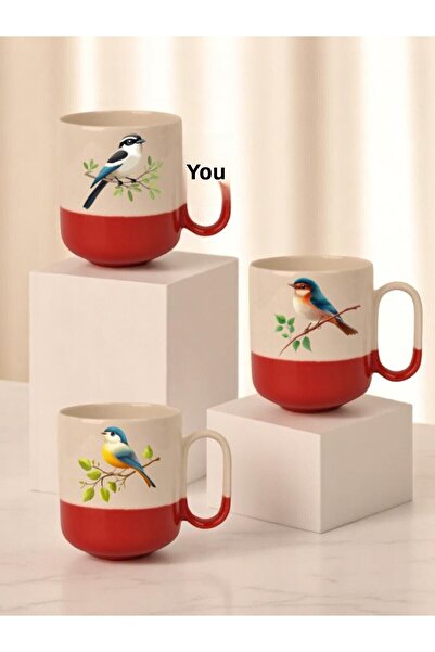 lili hediyelik Bird Printed 3-Piece Red Base Ceramic Mug