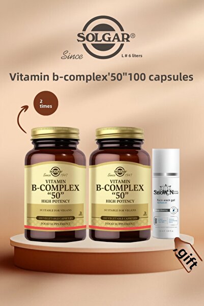 Solgar فيتامين ب المركب ''50'' - 100 كبسولة عشبية، 2 قطعة + مجموعة هدايا جل