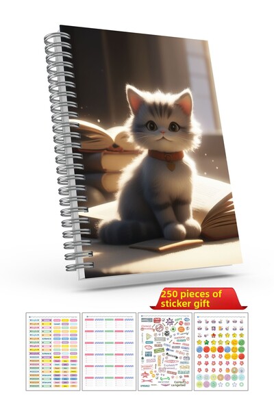 cabuk baskı Седмичен планер със сладка котка, A5 вечен дневен ред, тефтер, стикер