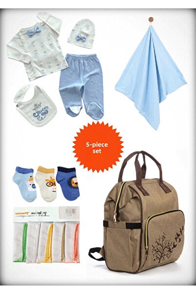 Avşar Baby 5-Piece Birth Set (Mother Baby Bag, Hospital Release Blanket, 10-Piece Wipes and 3-Piece Socks)