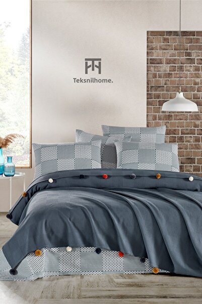 TeksNil Home 100% Cotton Anthracite Pompom Pique Set 3 Pieces (Pique, Sheet, Pillow Case)