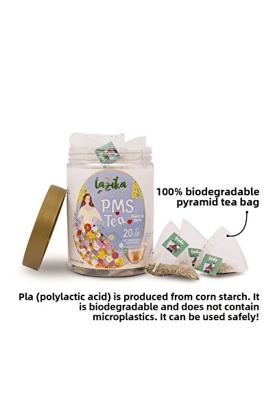 LAZİKA شاي PMS - شاي مهدئ للدورة الشهرية للنساء، يدعم فترة الحيض بالأعشاب، 20 كيس بلاستيكي