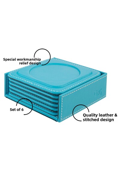2K Coasters, Set of 6, Desktop Round Cup Coaster, Vegan Faux Leather, 11X11 Cm., Turquoise