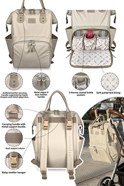 Stylo X Pro Beige Mother Baby Backpack Shoulder Bag and Bottle Holder Bag Set of 3