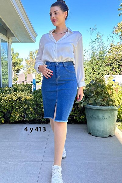 İnce Topuk تنورة من الدنيم بطول الركبة من الليكرا 4y413