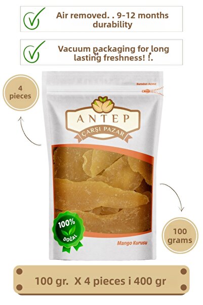 Antep Çarşı Pazar فاكهة المانجو المجففة - 100 جرام × 4 عبوات مفرغة