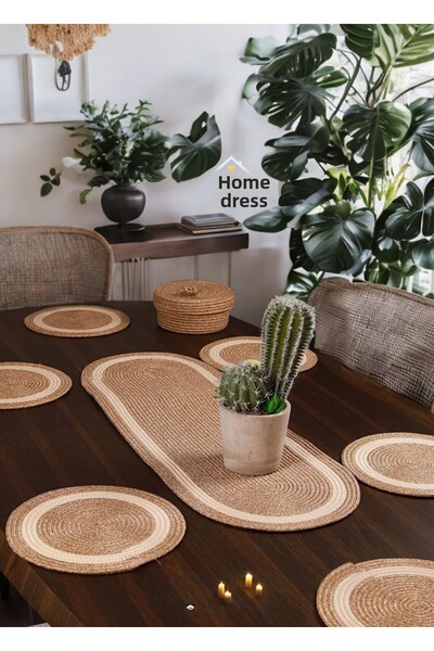 HomeTurko Farfurii de 6 bucăți, Alergă 1 bucată, Set de coșuri 1 bucată, farfurie de iută, pat de loc, suport de farfurie, coș de pâine