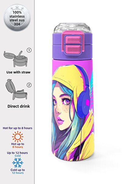 Coral High ترمس ستيل منقوش على شكل فتاة لافندر فيروزي للأطفال مع شفاطة للشرب ...