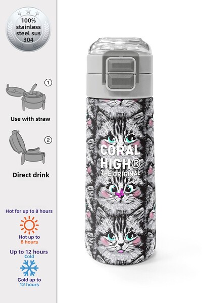 Coral High Kids Gray Cat Patterned Steel Thermos with Straw and Direct Drinki...