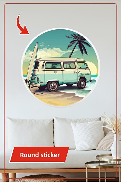 KOSS Dijital Autocolant rotund retro pentru rulotă, cu model de plajă și palm...