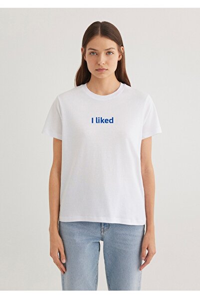 Mavi τυπωμένο λευκό μπλουζάκι κανονικής κοπής