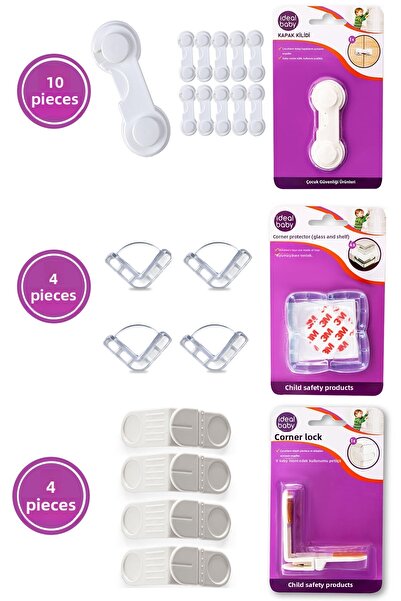 İdeal Baby 18-Piece Child Safety Safety Set 10 Cabinet Door Lock 4 Corner Lock 4 Corner Protector (GLASS-RACK)