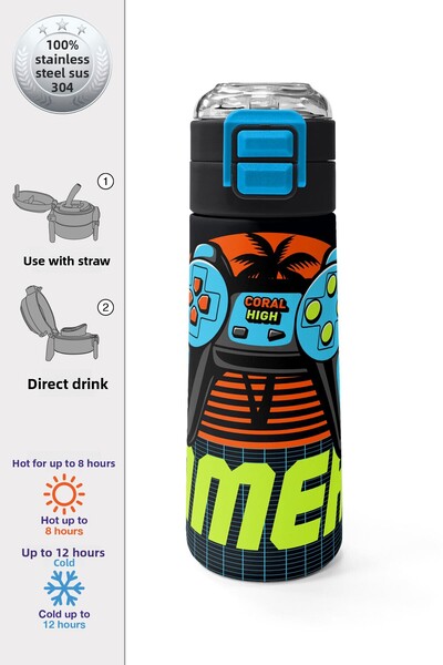 Coral High Kids Gray Orange Gamer Patterned Steel Thermos with Straw and Direct Drinking 500 ml 31947